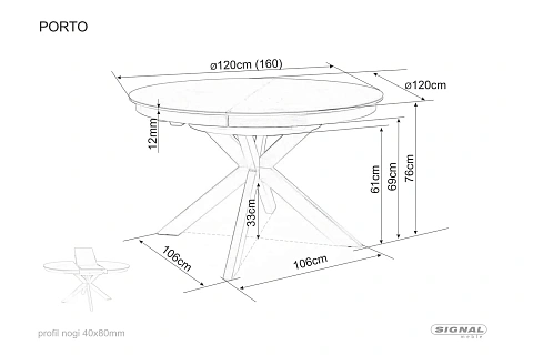 Стол обеденный SIGNAL PORTO Ceramic темно-серый мрамор/черный мат 120-160/120
