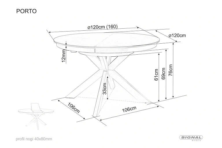 Стол обеденный SIGNAL PORTO Ceramic темно-серый мрамор/черный мат 120-160/120